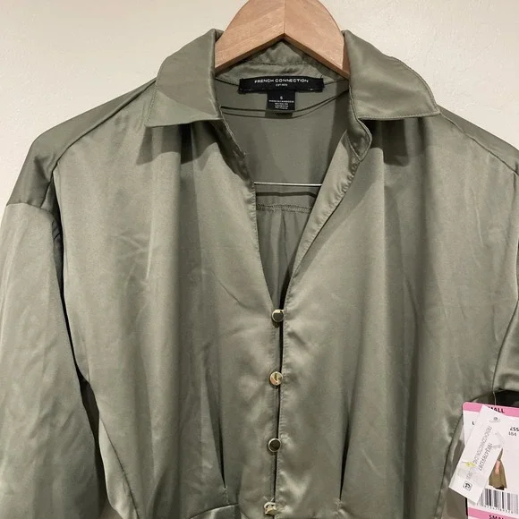 NWT French Connection Olive Green Shirt Dress Medium M Midi Belted Satin Career - Picture 4 of 11